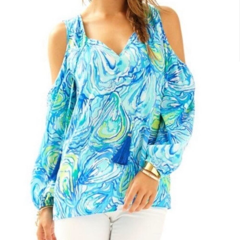 Lilly Pulitzer Blue Multi Cold-Shoulder V-Neck Blouse